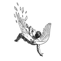 an ink drawing of a man falling from a bird's wing with another person on his back