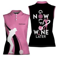 two women's golf shirts with pink and black designs