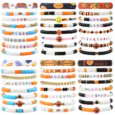 many bracelets with different designs and colors on each one, including the word love