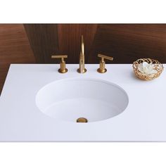 a white sink sitting on top of a counter next to a gold faucet