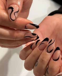 Almond Biab Nails Designs, Black Line Work Nails, Dark Style Nails, Masquerade Ball Nails, Simple Edgy Nails Almond, Black And White Nail Art Designs, Black Gel X Nail Designs, Dark Feminine Nails Design, Nailspo Almond