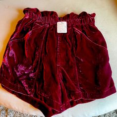 Nwt Size Small Free People High Waisted Velvet Shorts In Beautiful Wine Color Burgundy Bottoms With Pockets For Spring, Burgundy Shorts For Summer, Casual Burgundy Bottoms Short Length, Burgundy Casual Shorts, Casual Burgundy Short Bottoms, Burgundy Short Bottoms For Summer, Casual Burgundy Short Length Bottoms, Burgundy Summer Shorts, Red High-waisted Shorts With Elastic Waistband