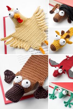 four different crocheted animals are shown together