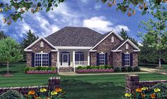 this is an artist's rendering of the front elevation of these ranch house plans