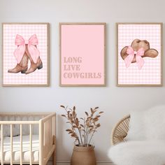 Cowgirl Hat and Boots Nursery Wall Art Set with Pink Bow - Coquette Room Decor Upon purchase you will receive 5 zipped 300 dpi files. Each file will be a different ratio which you will be able to size down to a size in that corresponding range. The 4:5 Ratio comes as 16" x 20" you will then use that size as is or size down to 12" x 15", 8" x 10", or 4" x 5".  The 3:4 Ratio comes as 18" x 24" you then can keep it that size or size down to as follows  15" x 20 ", 12" x 16", 9" x 12", or 6" x 8". Cowgirl Nursery Ideas, Pink Cow Nursery, Coquette Toddler Room, Retro Cowgirl Nursery, Boho Cowgirl Nursery, Cowgirl Toddler Room, Pink Nursery Aesthetic, Pink Bow Nursery Theme, Girl Nursery Decor