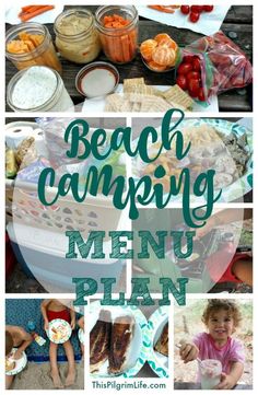 the beach camping menu is shown with pictures of food and drinks in mason jars