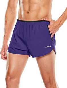 a man with no shirt on is wearing purple shorts and has his hands in his pockets