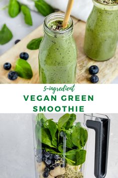 a green smoothie in a blender with blueberries and spinach on the side