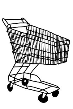 a black and white drawing of a shopping cart with wheels on the front, side view