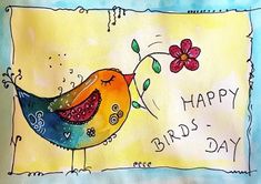 a painting of a bird with flowers on it's head and the words happy birds day written below