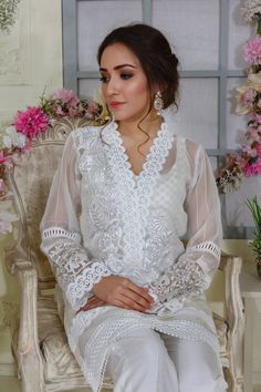 Lily White | Pakistani Designer Outfit | Sarosh Salman Elegant Lawn Suit With Dabka For Wedding, Organza Salwar Kameez With Chikankari For Party, Party Wear Organza Salwar Kameez With Chikankari Embroidery, Organza Salwar Kameez With Chikankari Embroidery For Party, Party Wear Sets With Chikankari Embroidery On Organza, Party Wear Organza Sets With Chikankari Embroidery, Elegant Designer Lawn Suit With Intricate Embroidery, Lace Salwar Kameez For Eid Party, Wedding Blouse With Dabka Work For Eid