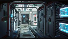 a sci - fi space station with multiple monitors and lights on the walls, all in white