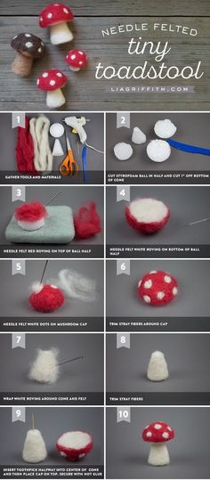 the instructions for how to make felted toadstool mushrooms with wool and yarn