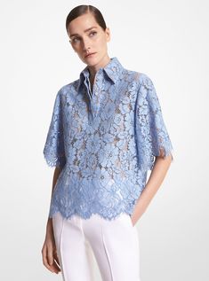 Cotton Blend Floral Lace Shirt | Michael Kors Co Ords Outfits With Lace, Collared Lace Tops For Work, Elegant Collared Lace Blouse, Chic Scalloped Lace Top For Daywear, Elegant Short Sleeve Lace Top For Work, Formal Spring Blouse With Scalloped Lace, Spring Formal Tops With Scalloped Lace, Formal Spring Tops With Scalloped Lace, Spring Formal Scalloped Lace Tops