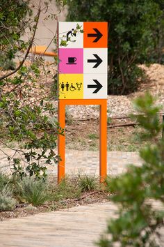 a colorful sign with arrows pointing in different directions