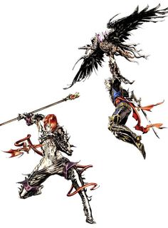 two anime characters with swords and wings in their hands, one holding the other's arm