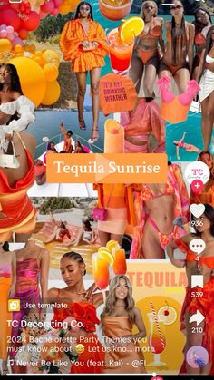 a collage of photos with the words tequila sunrise in orange and pink, surrounded by images