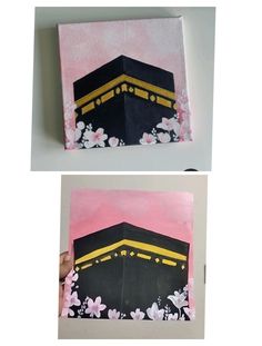 two pictures of the same building with flowers on it and one has a pink background