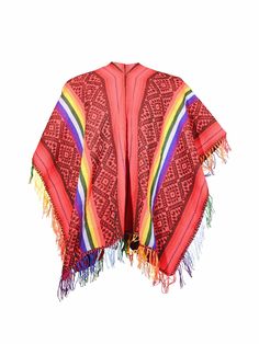 Our traditional woven red and black poncho with rainbow stripes is as stylish as it is practical at keeping the chill off. Pattern and fringe may vary slightly. Woven in the Sacred Valley of the Incas, Peru. Red One-size Poncho Cape, Red One-size Cape Poncho, Red One Size Cape Poncho, Red Poncho For Festival In Fall, Red Fall Festival Poncho, Red One-size Cape Shawl, Multicolor Fringe Shawl Poncho, Traditional Red One-size Poncho, Red One Size Poncho For Beach