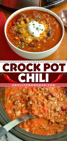 the crock pot chili has been cooked and is ready to be eaten