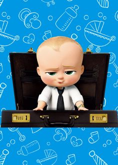 a baby in a suit and tie sitting on top of a suitcase