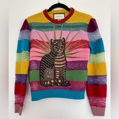 This Unique And Intricate Sweater Is From Gucci's Runway Collection For Men. The Appliqu Multicolored Striped Sweater Is Made Of 100% Wool And 60% Viscose/40% Nylon Sections. It's A Size Xs Mens (Equivalent To Us 34/It 44), But Could Fit Up To A Women’s Size M. Gucci Runway, Gucci Sweater, Cat Applique, Fall 24, Knit Sweaters, Hand Knitted Sweaters, Runway Collection, Striped Sweater, Wool Sweater