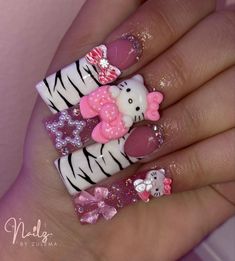 Gyaru Duck Nails, Kawaii Duck Nails, Duck Nails Hello Kitty, Hello Kitty Charm Nails, Hello Kitty Duck Nails, Duck Nails Y2k, Y2k Duck Nails, Glitter Barbie