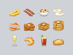 breakfast foods are arranged on a gray background