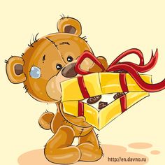 a brown teddy bear holding a gift box