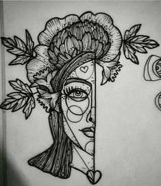 a drawing of a woman with flowers on her head