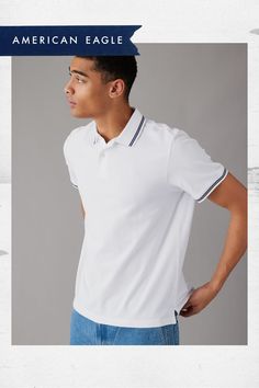 Super soft cotton pique/Two-button placket/Contrast tipping/Straight hem/This shirt is Real Good: made with the planet in mind and a promise to continue to do better White Cotton Polo Shirt With Contrast Trim, White Casual Polo Shirt With Contrast Trim, Casual White Polo Shirt With Contrast Trim, Casual Cotton Polo Shirt With Contrast Trim, Do Better, Pique Polo Shirt, Button Placket, American Eagle Outfitters, Women's Jeans