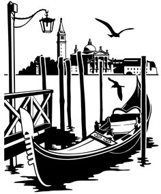 a black and white drawing of a gondola in front of a cityscape