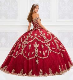 Quinceanera Dresses Gold, Tiered Tulle Skirt, Gold Applique, Red Quinceanera Dresses, Satin Ball Gown, Embroidered Bodice, Sequin Appliques, Quinceanera Dress, Beaded Bodice