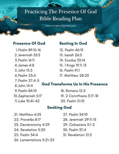 a blue and white poster with the words, practicing the presence of god bible reading plan