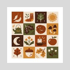 an art print with autumn leaves, pumpkins and other things on it's squares