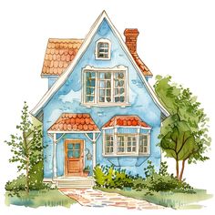 a watercolor drawing of a blue house with trees and bushes around the front door