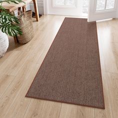 a brown area rug on the floor in front of a door with potted plants