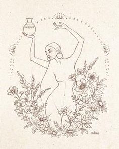 a drawing of a woman holding a vase in her right hand and flowers around her