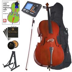 the cello is next to its case and accessories