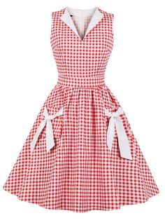 1950s Plaid Bow Pockets Lapel Dress | Retro Stage Winter Party Outfit, Vestidos Retro, Party Outfits For Women, Dress Retro, Bow Decor, 4th Of July Outfits, 1940s Dresses, Retro Mode, Plaid Bow