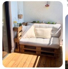 a couch made out of wooden pallets sitting on top of a balcony next to a door