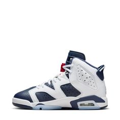 The Air Jordan Retro 6 is made with a premium upper and the signature look that made it famous. Perforations offer ventilated comfort for kids on the move. Leather and synthetic in the upper for support. Perforations for ventilation. Air-sole unit in the heel for cushioning. Durable rubber outsole provides multi-surface traction. Reinforced toe cap for durability. Classic Blue Sneakers For Outdoor, Classic Blue Outdoor Sneakers, Navy Casual Basketball Shoes, Classic Basketball Shoes With Perforations, Classic Basketball Shoes With Perforations For Sports, White Synthetic Outdoor Basketball Shoes, Jordan Retro 6, Adidas Tee, Black And White Sneakers