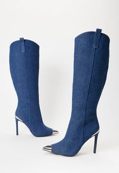 Material: Denim Heel Height: 4" Shaft Height: 16.0" Closure: Functional Inside Zipper Imported. Spring Denim Knee-high Boots, Denim Knee-high Boots For Spring, Spring Knee-high Denim Boots, Fitted Denim Blue Boots For Fall, Denim Boots For Winter, Fitted Denim Boots For Winter, Denim High Heel Boots For Spring, Fitted Denim Boots With Pointed Toe, Summer Denim Boots With Pointed Toe