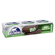 three boxes of klondike mint chocolate chip bars on a white background,