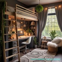 a bedroom with a loft bed, desk and chair next to a window that has curtains on the windowsill