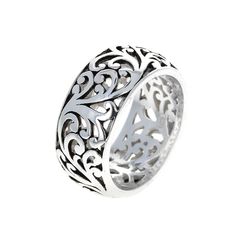 .925 Sterling Silver 12mm wide filigree band ring. Light Oxidized Open work band. Comfortable interior with designed silver inner band. 0.5 inches wide Made in Thailand Genuine Silver Filigree Band Ring Tiny Rings, Sterling Silver Rings Bands, Gold Filled Ring, Ring Light, Silver Band Ring, Silver Filigree, Sterling Silver Bands, Silver Band, Band Ring