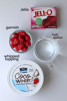 yogurt, jello and raspberries on a white surface with words describing the ingredients