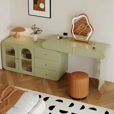 a bedroom with a bed, dresser and mirror on the wall next to an animal print rug