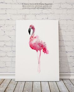 a pink flamingo standing in front of a white brick wall with the words, watercolor