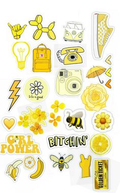 the stickers are all different colors and shapes, including yellow flowers, bananas, and other things